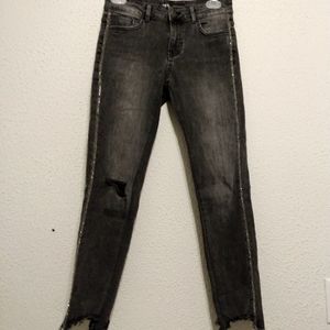 Zara Black Silver Rhinestone Side Strip Distressed Denim Jeans sz 4